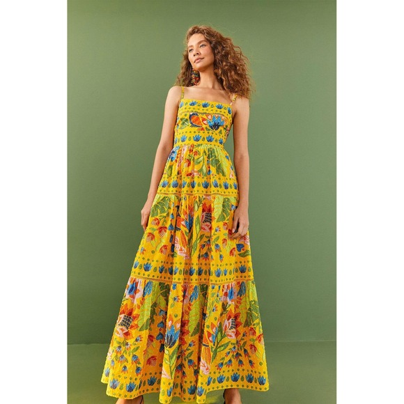 Farm Rio Summer Garden Maxi Dress Yellow Floral Smocked Strappy Size S